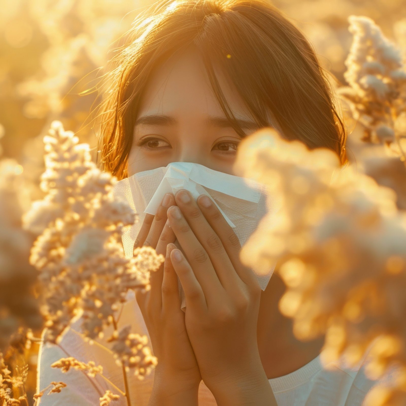Lady covering her mouth as she is standing in a field full of flower pollen