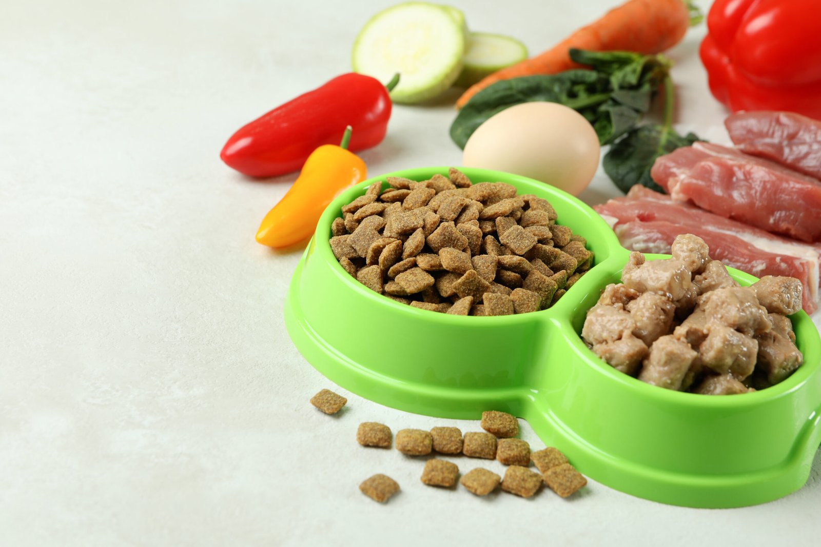 Concept of organic pet food on white textured background
