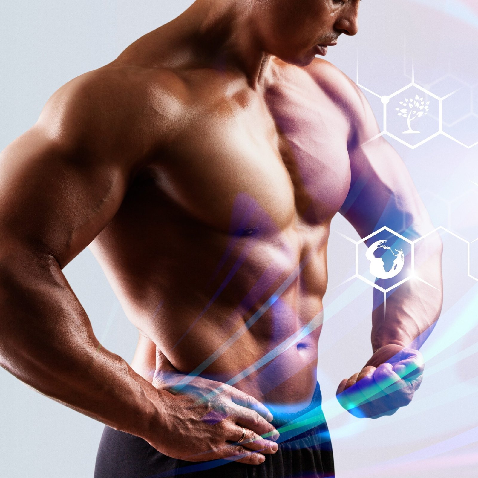 Muscular male torso and testosterone formula against background.