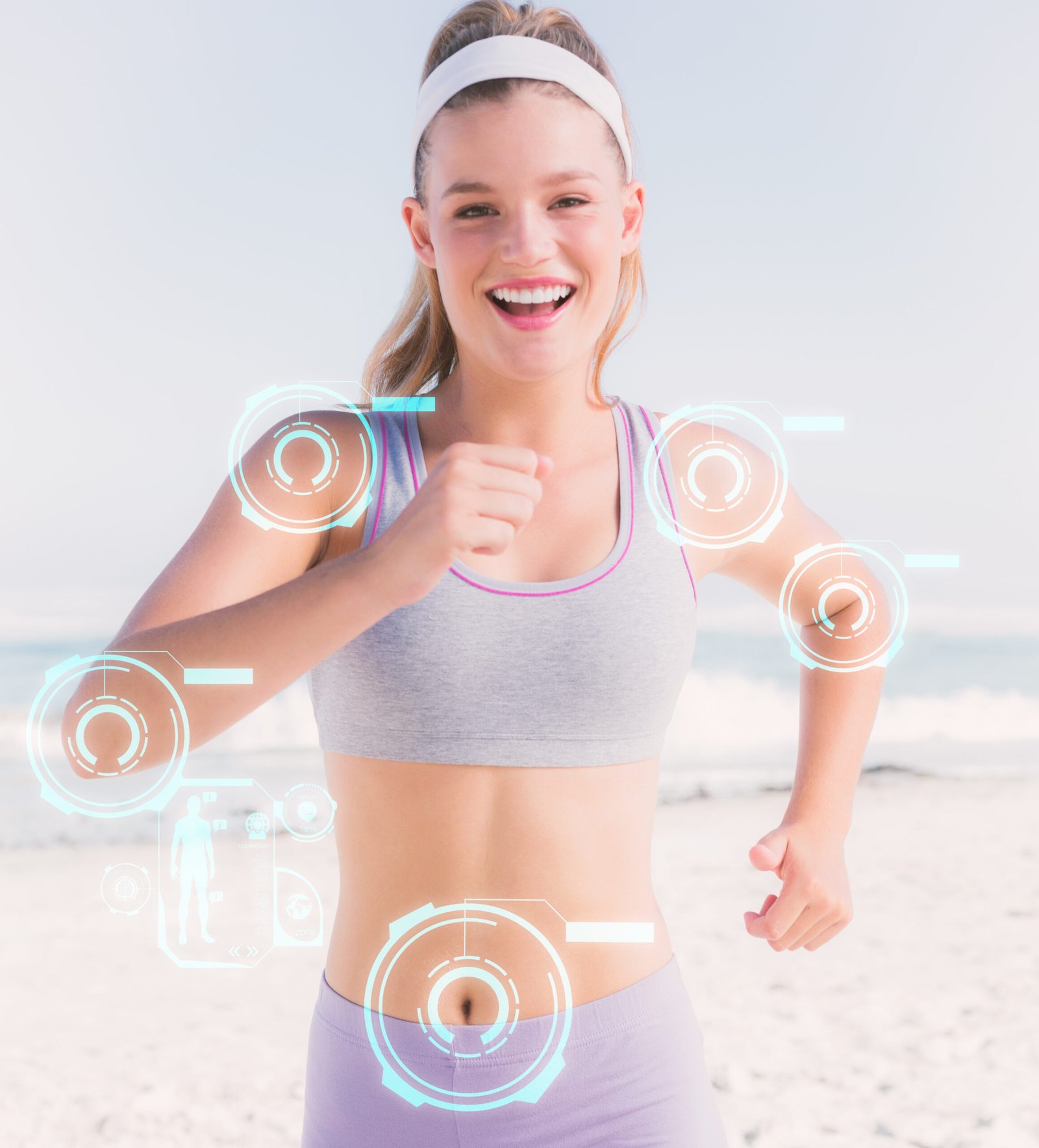 Sporty blonde jogging on the beach against fitness interface