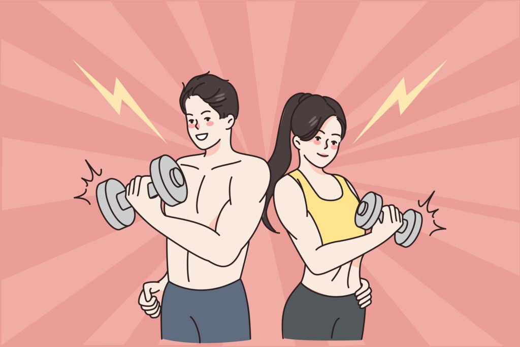 Sporty active lifestyle and workout concept. Young positive couple man and woman standing wearing sportswear holding dumbbels during training vector illustration