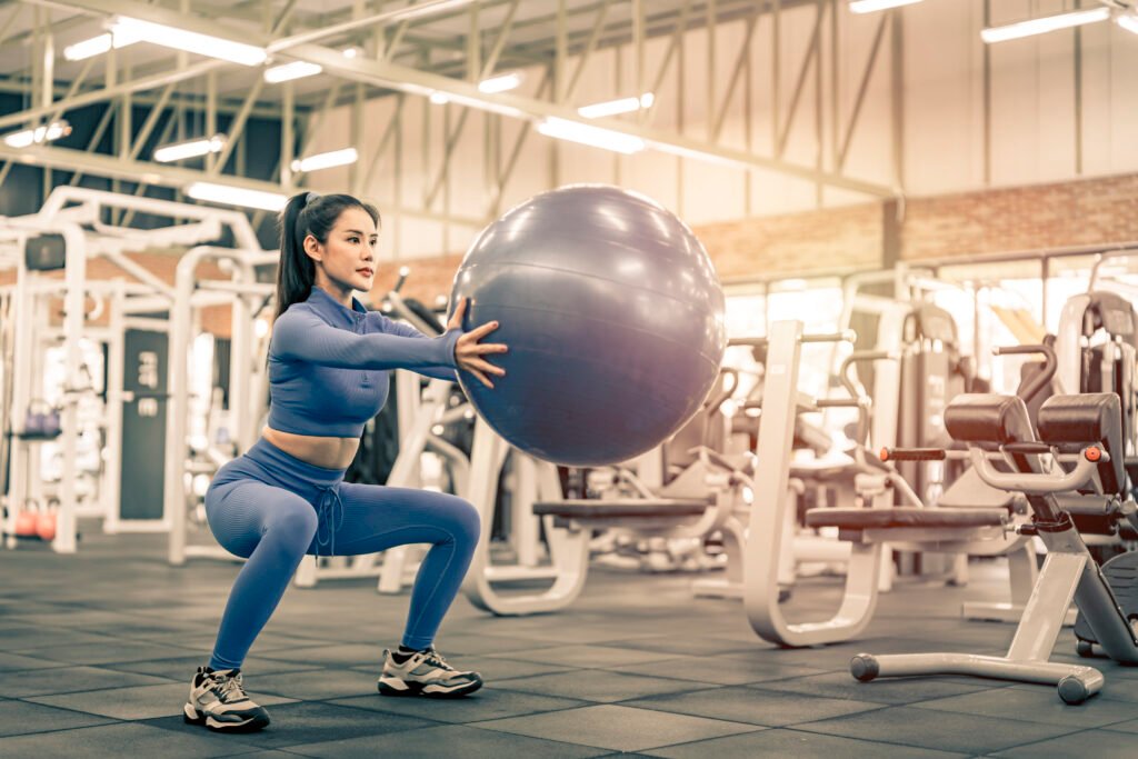 Asian woman doing exercise on fitness ball at gym.