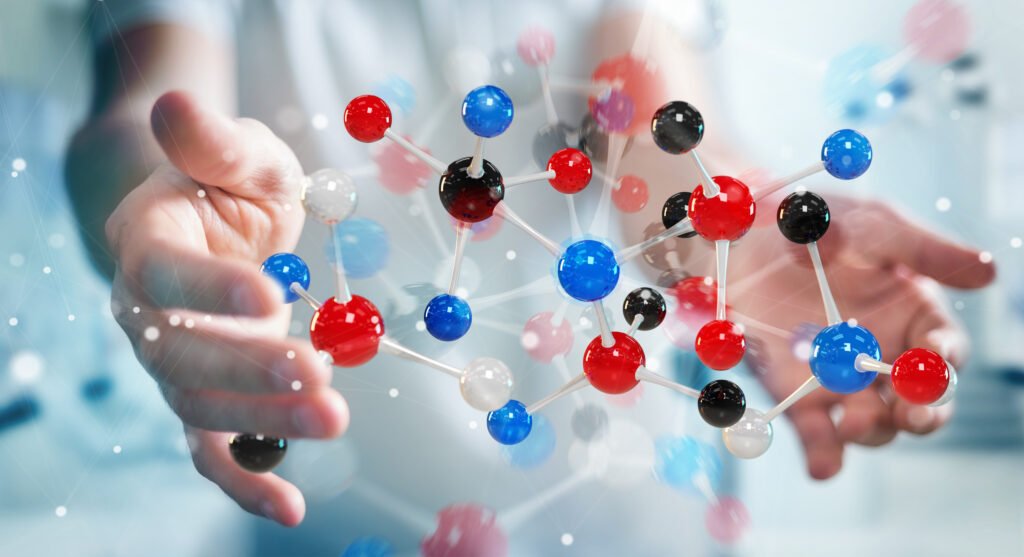 Businessman on blurred background using modern molecule structure 3D rendering