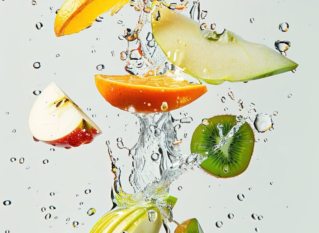 a food photo of pieces of oranges, sliced apples, half kiwi's and mango pieces flying in the air, water splashes, dynamic, white background --ar 9:16 --style raw --stylize 50 Job ID: f2a16b3c-2def-4286-b707-c13d30e50ed9