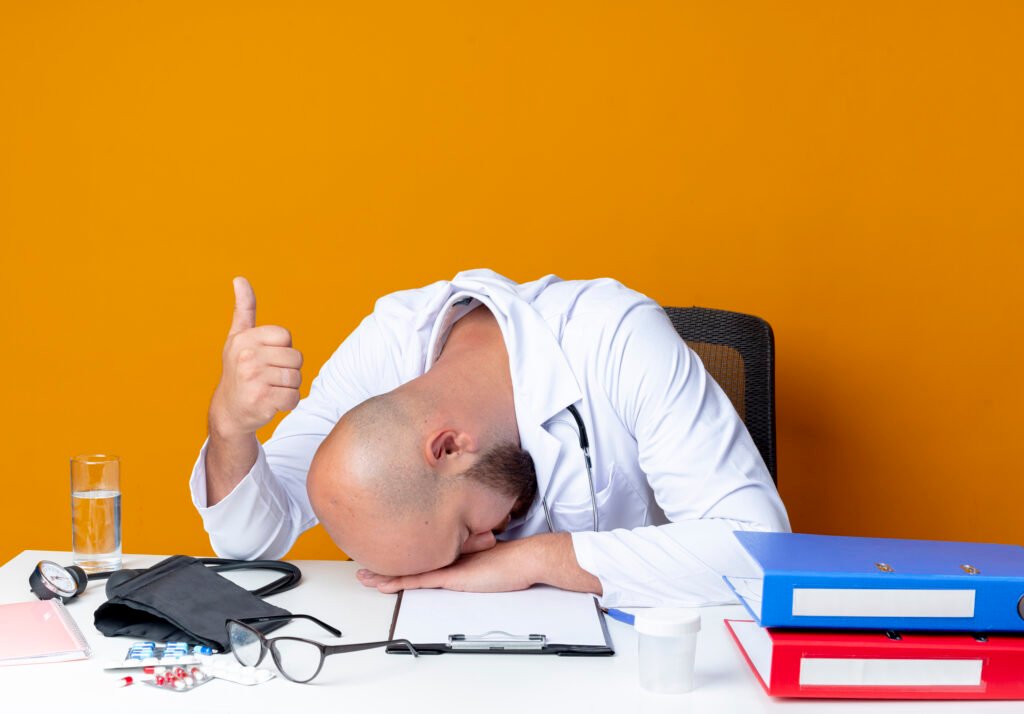 with lowered head young bald male doctor wearing medical robe and stethoscope sitting at work desk with medical tools his thumb up isolated on orange background